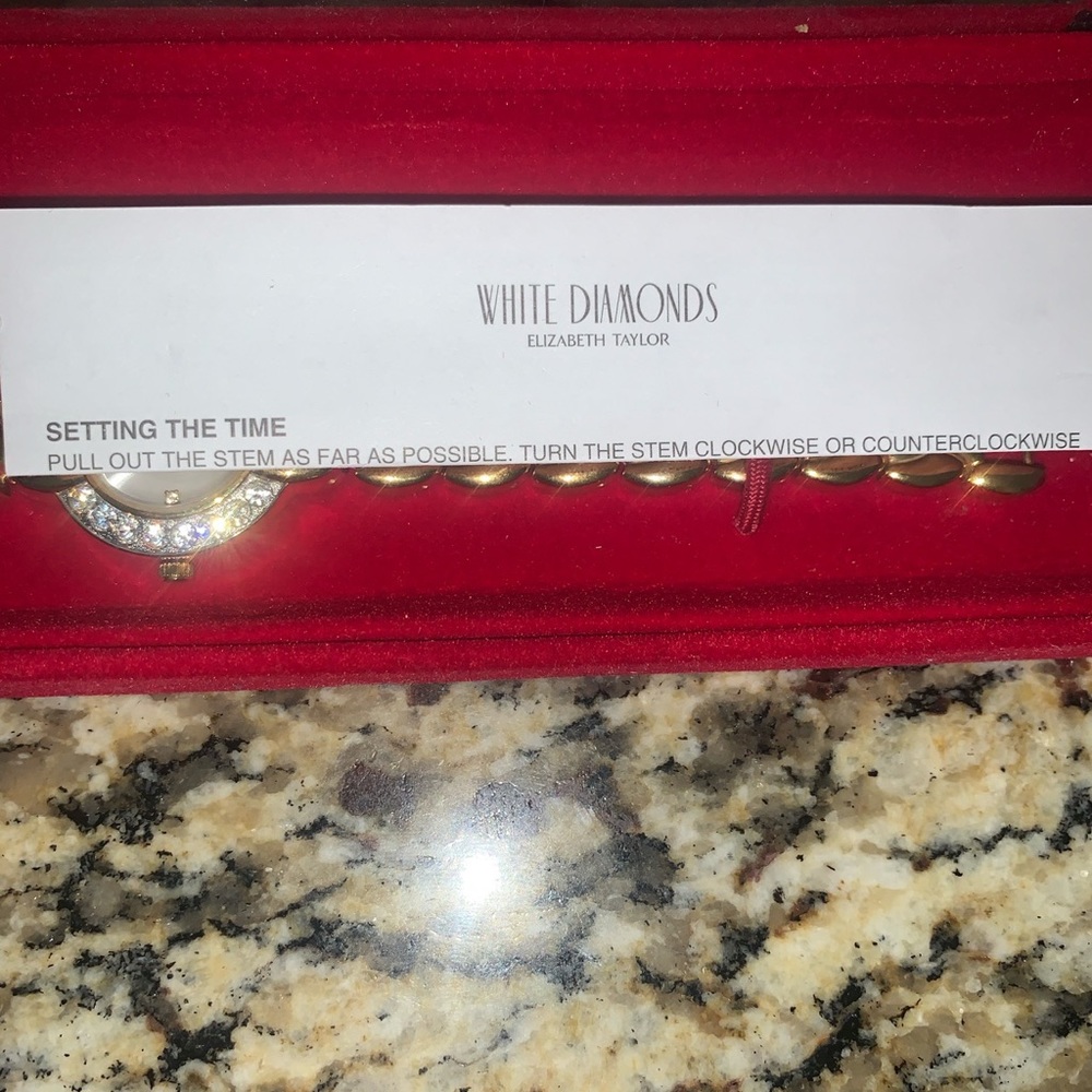 Vintage Elizabeth Taylor White Diamonds Gold Tone & Rhinestone Watch w/ Box